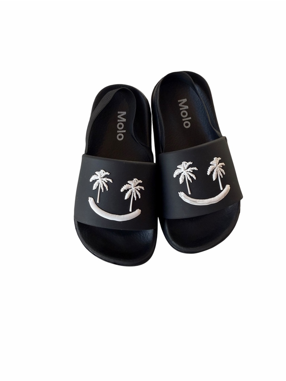 Molo Black Slide Sandals with White Palm Smile Graphic